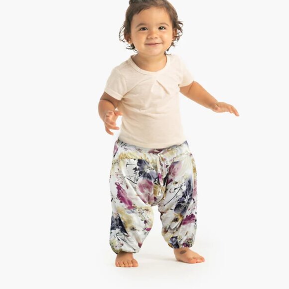 Kids Flower Harem Pant Cotton Unisex Travel Yoga Loungewear Sakura White - Picture 1 of 4